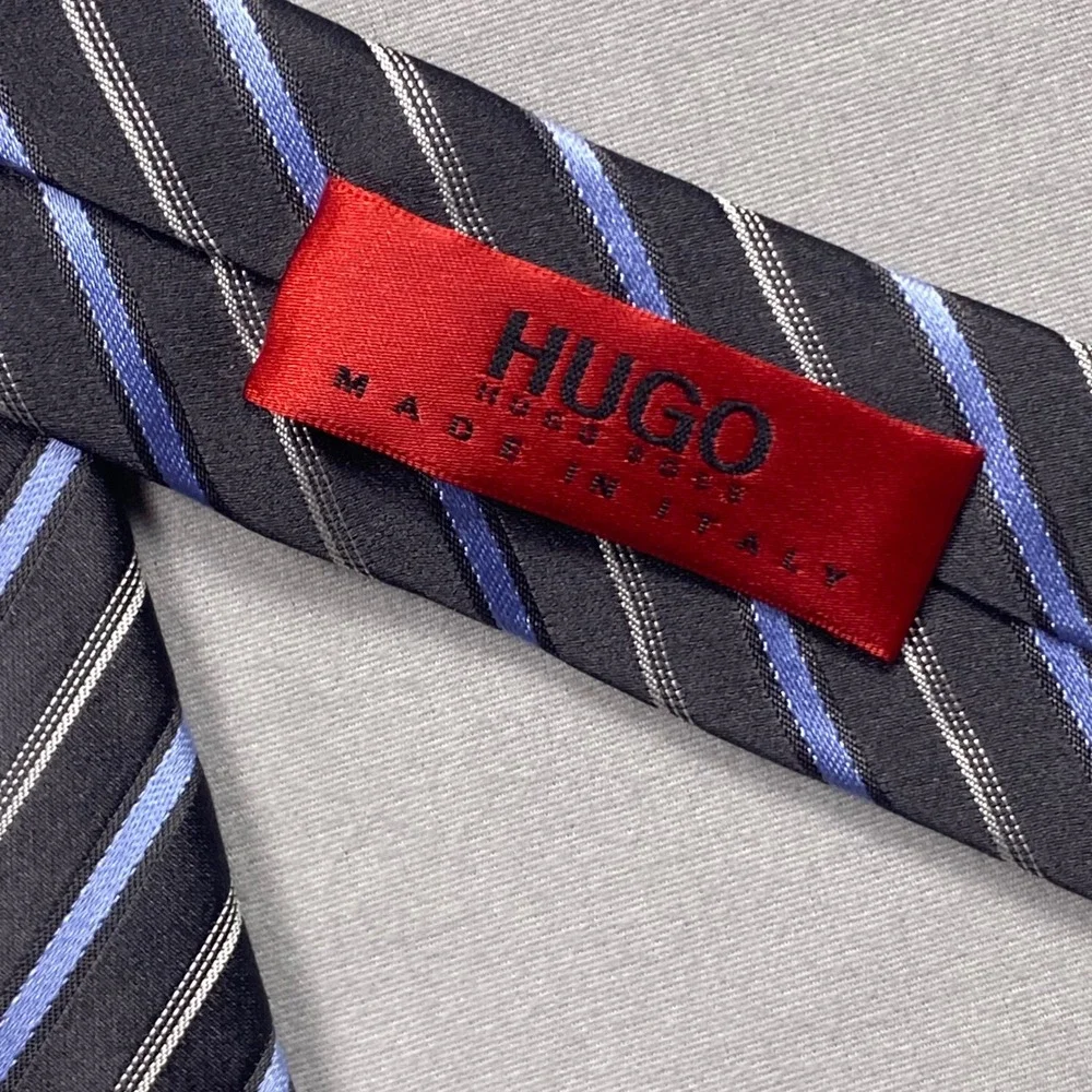 Hugo Boss Hugo Mens Silk Tie Gray Blue Striped Necktie Made In Italy 100%‎ Silk